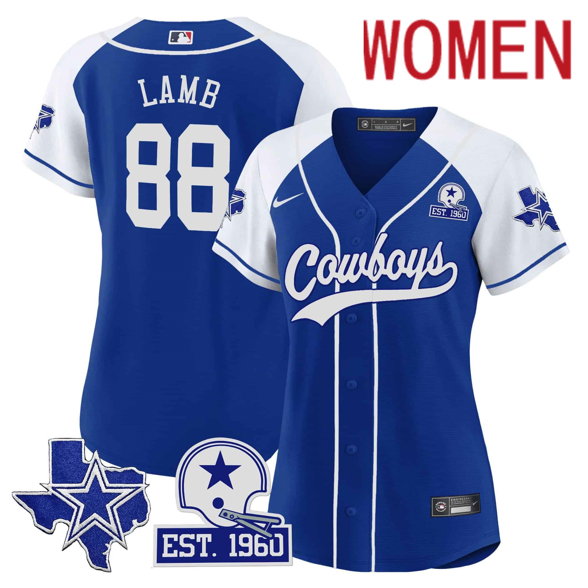 Women Dallas Cowboys 88 Lamb Blue 2024 Nike Patch Baseball NFL Jersey style 1